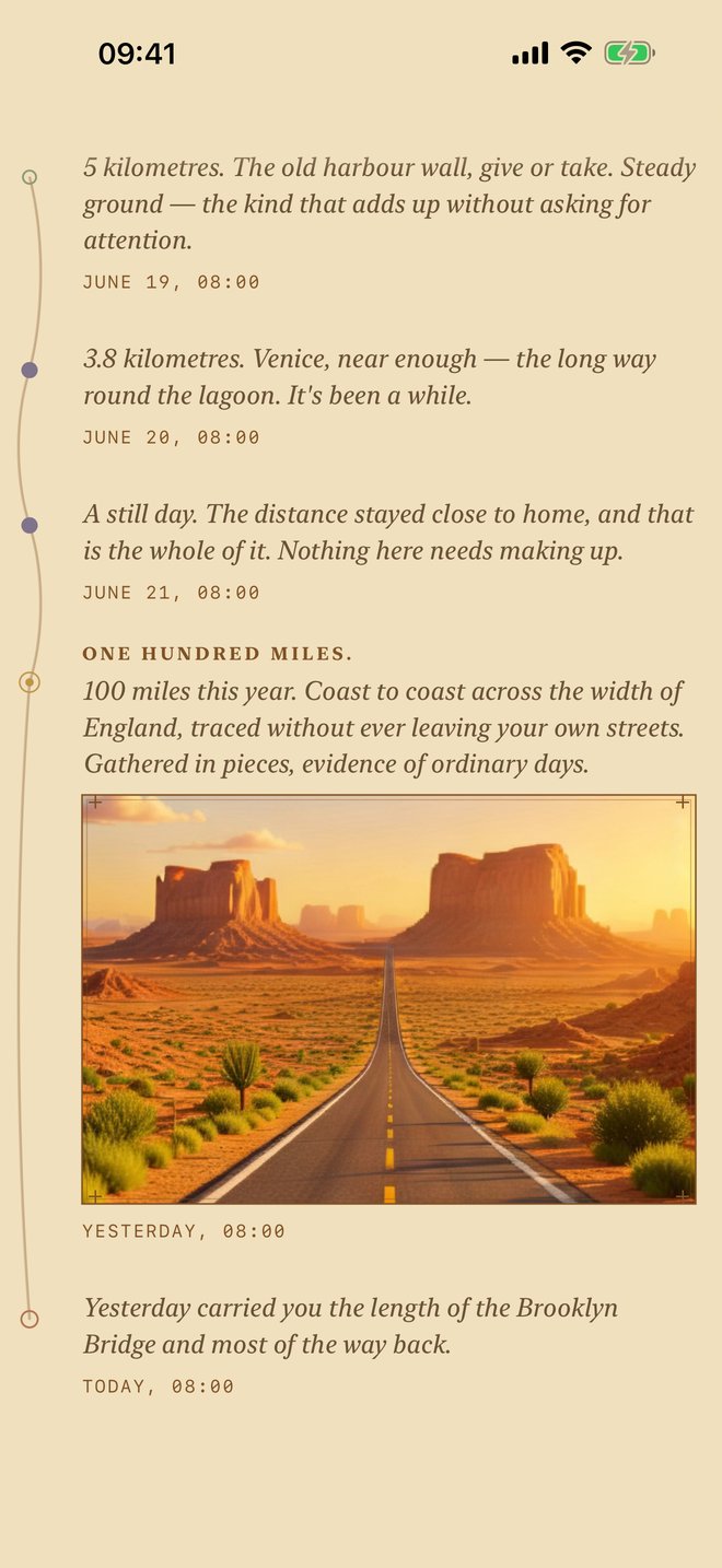 The Beheld morning journal: dated entries written in landmarks, with an illustrated postcard in the timeline.