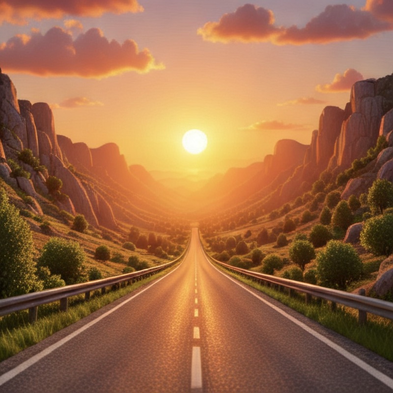 A road winding into a valley at sunset.