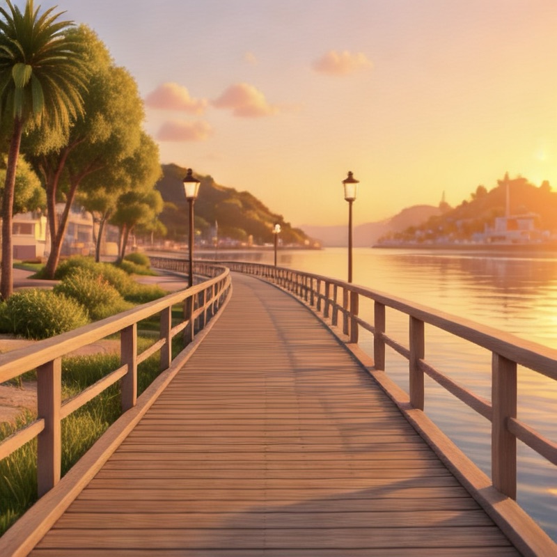 A boardwalk at golden hour beside still water.